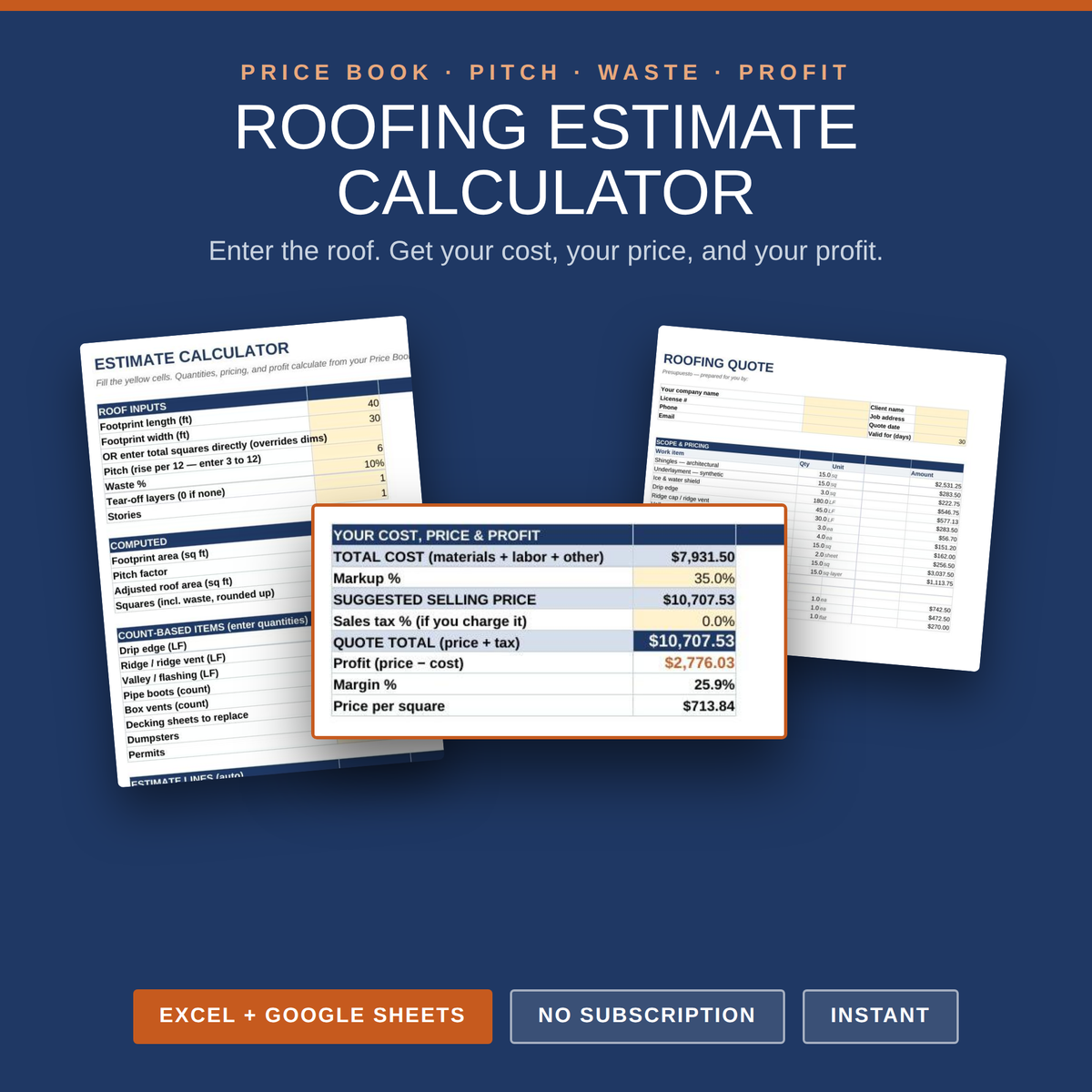 Roofing Estimate Calculator (Excel + Google Sheets)